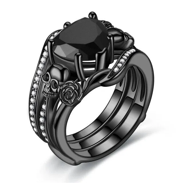 Gothic Skull, Flower and Heart Cubic Zirconia Vintage Punk Ring