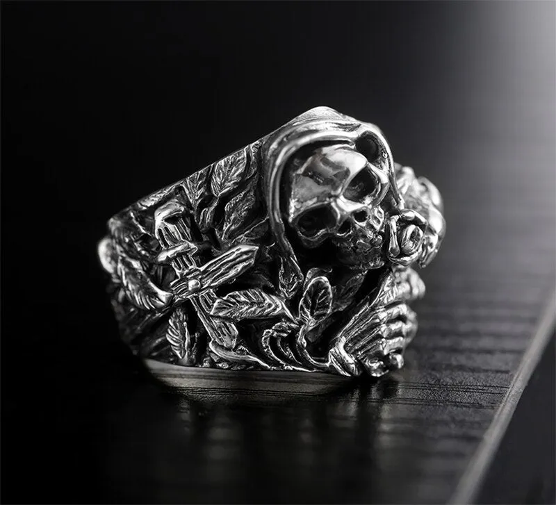 Gothic Skull, Flower, Cross and Howling Eagle 925 Sterling Silver Vintage Punk Rock Ring