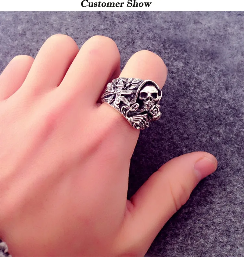 Gothic Skull, Flower, Cross and Howling Eagle 925 Sterling Silver Vintage Punk Rock Ring