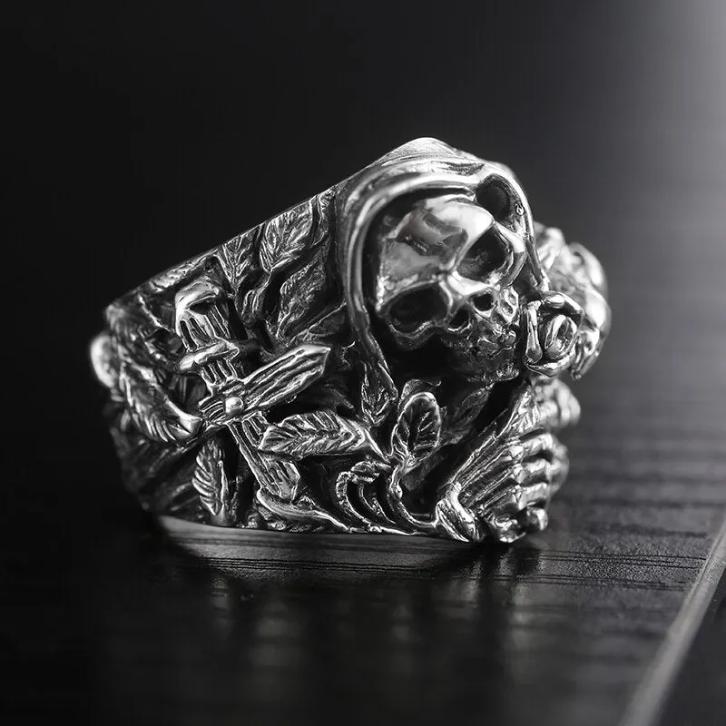 Gothic Skull, Flower, Cross and Howling Eagle 925 Sterling Silver Vintage Punk Rock Ring