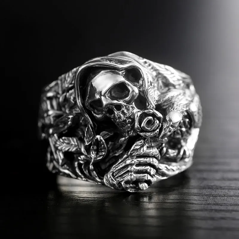 Gothic Skull, Flower, Cross and Howling Eagle 925 Sterling Silver Vintage Punk Rock Ring