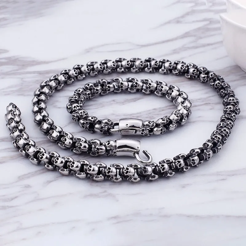 Gothic Skull Link Chain Stainless Steel Punk Brushed Polished Long Necklace