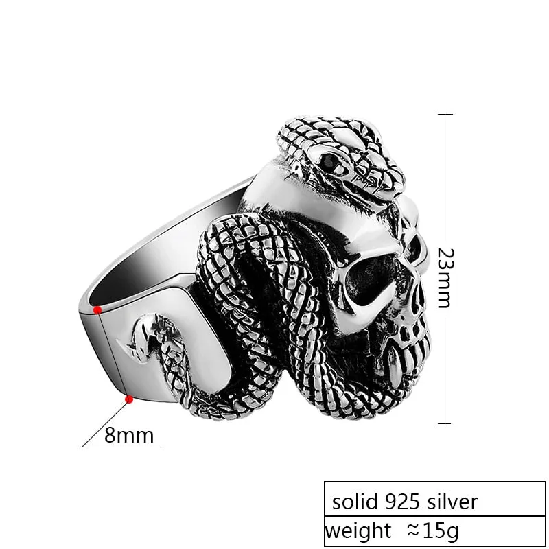 Gothic Skull with Snake 925 Sterling Silver Punk Rock Biker Ring