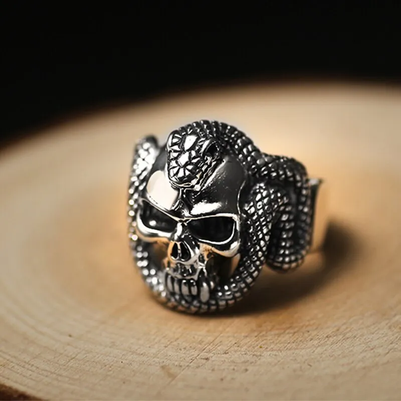 Gothic Skull with Snake 925 Sterling Silver Punk Rock Biker Ring