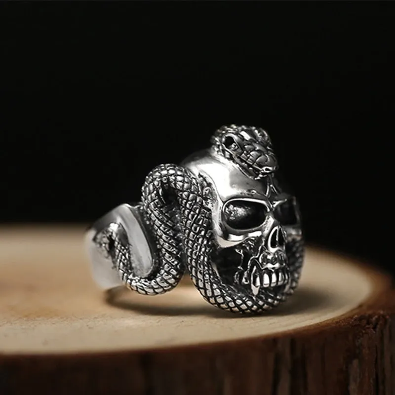 Gothic Skull with Snake 925 Sterling Silver Punk Rock Biker Ring