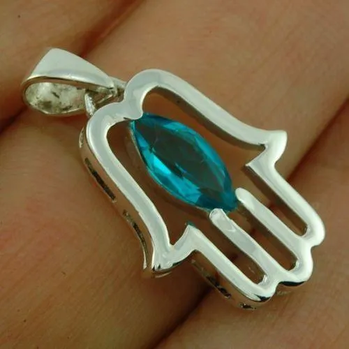 Hamsa Pendant with Blue Gemstone Fatima hand   925 Sterling Silver Necklace