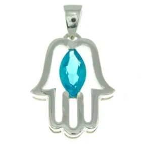 Hamsa Pendant with Blue Gemstone Fatima hand   925 Sterling Silver Necklace