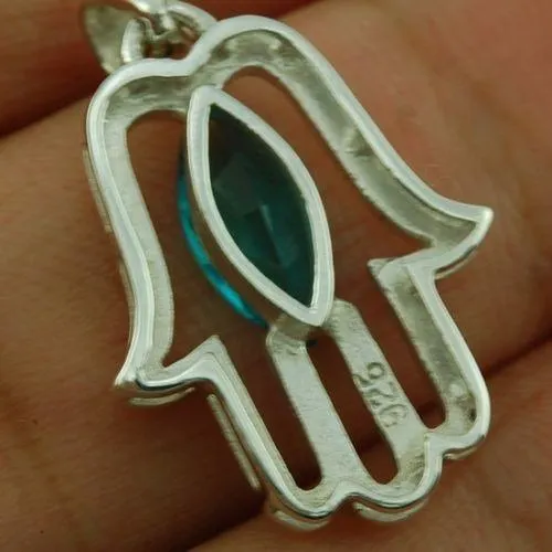 Hamsa Pendant with Blue Gemstone Fatima hand   925 Sterling Silver Necklace