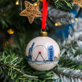 HAND PAINTED GLASS BAUBLE : Hong Kong Skyline White Christmas