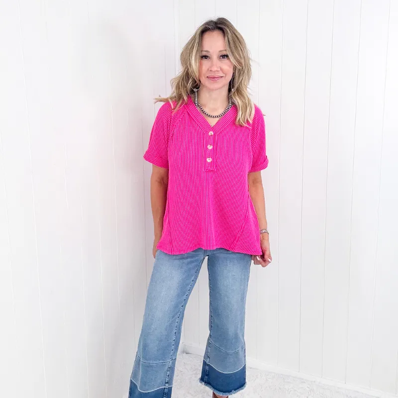 Hot Pink Andree Textured Line Ribbed Short Sleeve Top