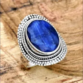 Huge Blue Sapphire 925 Sterling Silver Ring,Handmade Filigree Jewelry,Gift For Her