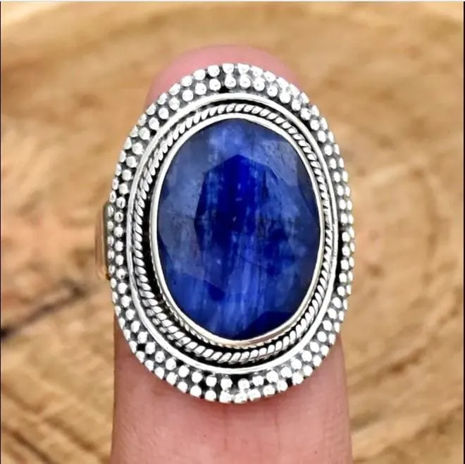 Huge Blue Sapphire 925 Sterling Silver Ring,Handmade Filigree Jewelry,Gift For Her