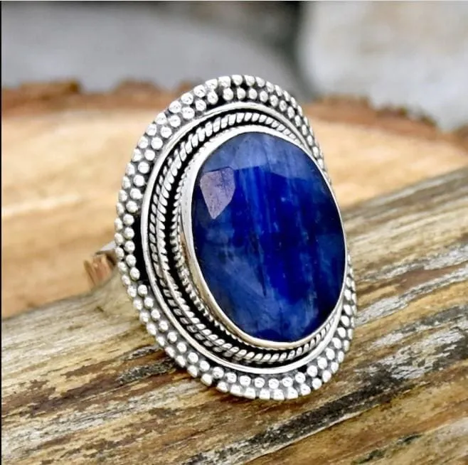 Huge Blue Sapphire 925 Sterling Silver Ring,Handmade Filigree Jewelry,Gift For Her