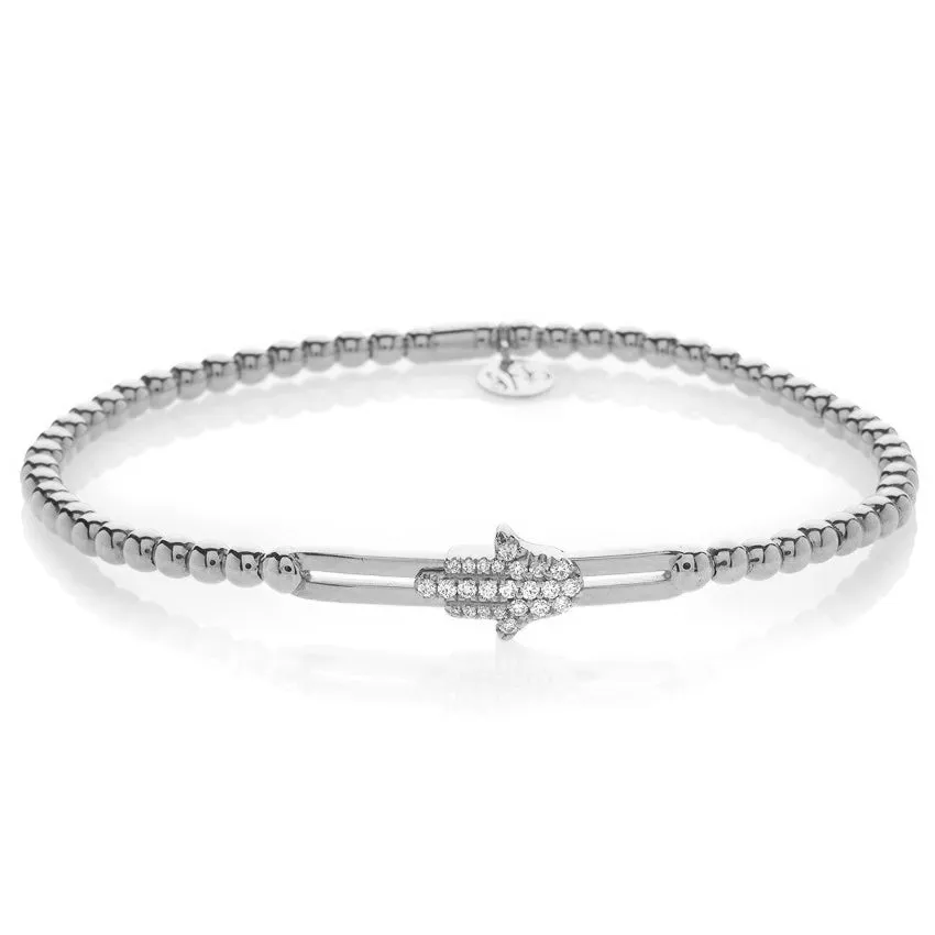 Hulchi Belluni Fidget Bracelet with Hamsa Pave Diamond Moveable Station White Gold Stretch Stackable