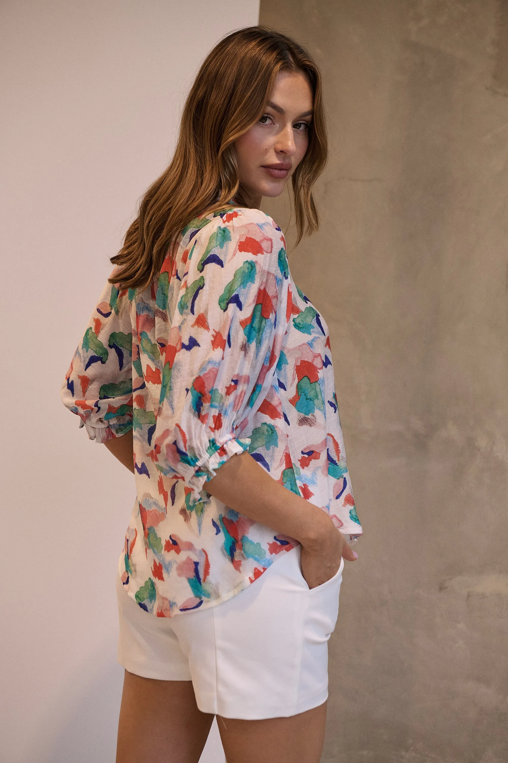 Inaya Chiffon White/Red/Blue Button Up Print Blouse