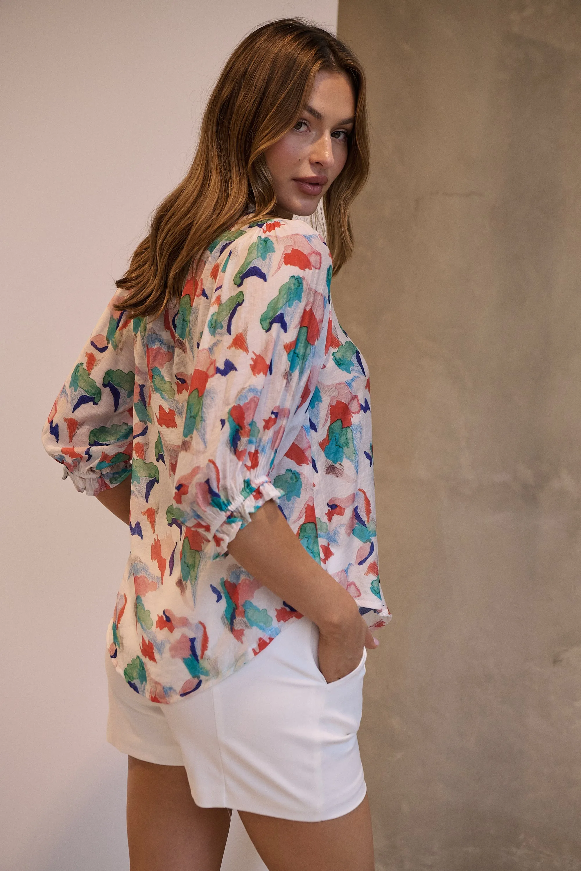 Inaya Chiffon White/Red/Blue Button Up Print Blouse