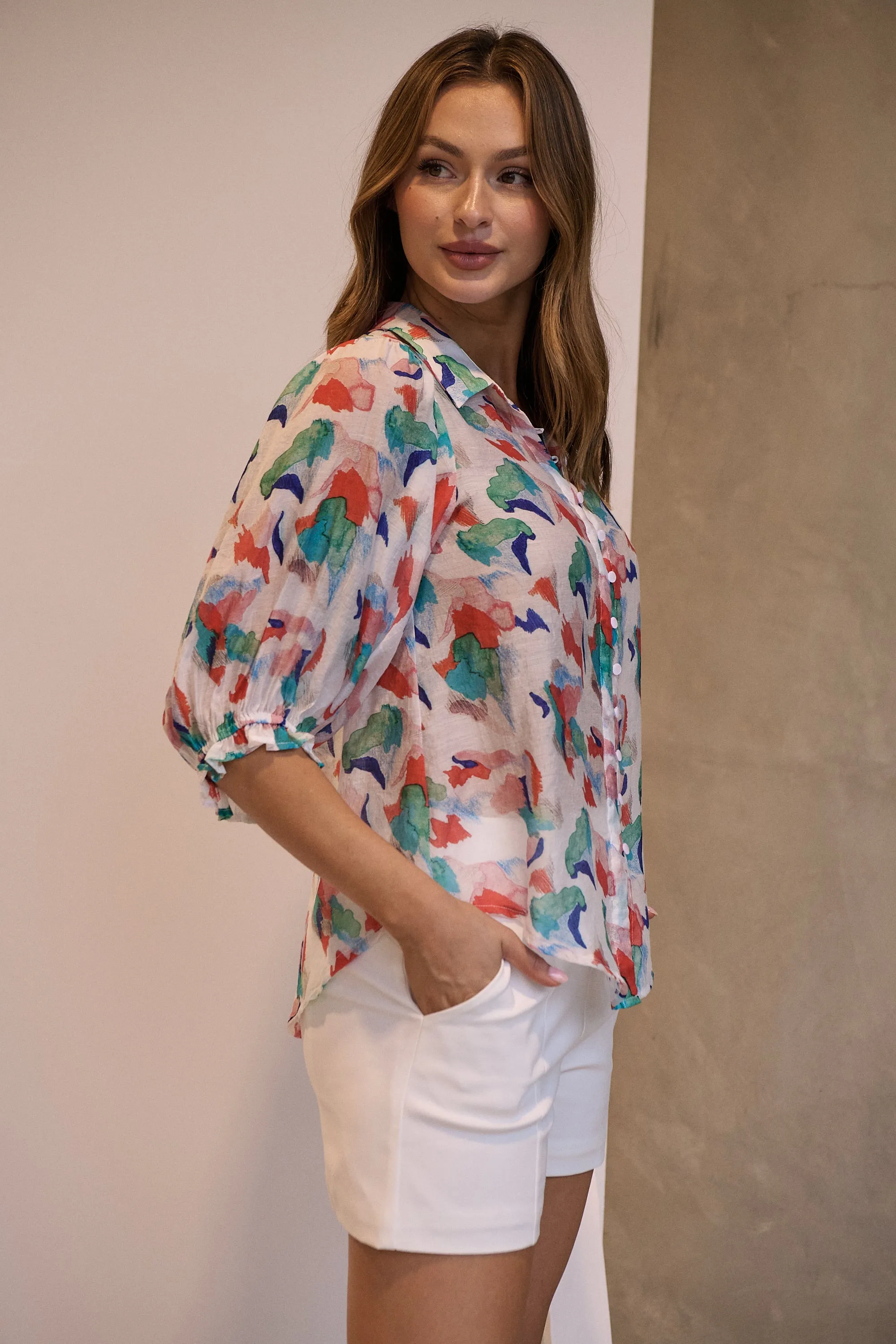 Inaya Chiffon White/Red/Blue Button Up Print Blouse