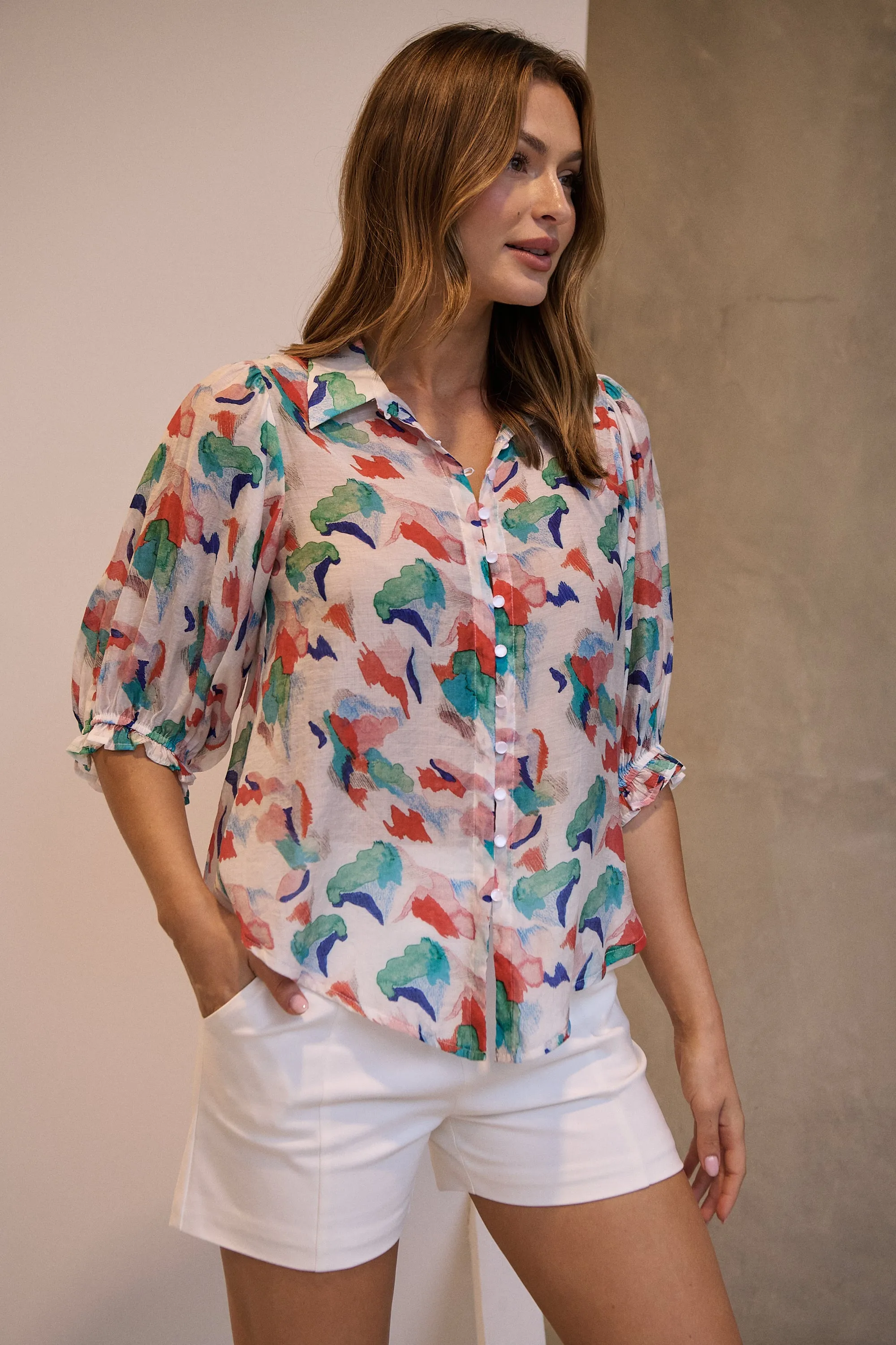 Inaya Chiffon White/Red/Blue Button Up Print Blouse