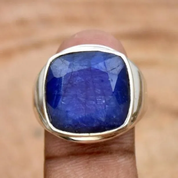 Indian Blue Sapphire 925 Sterling Silver Ring, Handmade Jewelry,Cushion Gemstone, Gift for someone you love