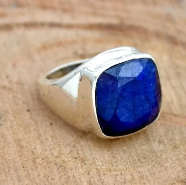 Indian Blue Sapphire 925 Sterling Silver Ring, Handmade Jewelry,Cushion Gemstone, Gift for someone you love