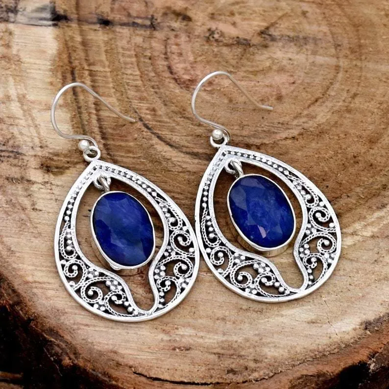 Indian Sapphire 925 Sterling Silver Earrings,Handmade Oval Blue Sapphire Filigree Fine Jewelry, For Her