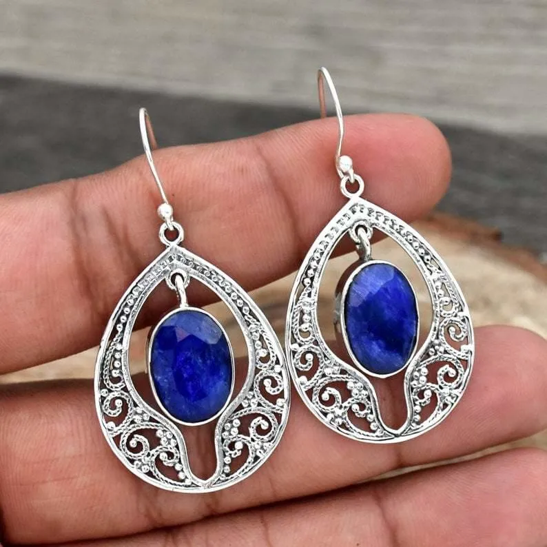 Indian Sapphire 925 Sterling Silver Earrings,Handmade Oval Blue Sapphire Filigree Fine Jewelry, For Her