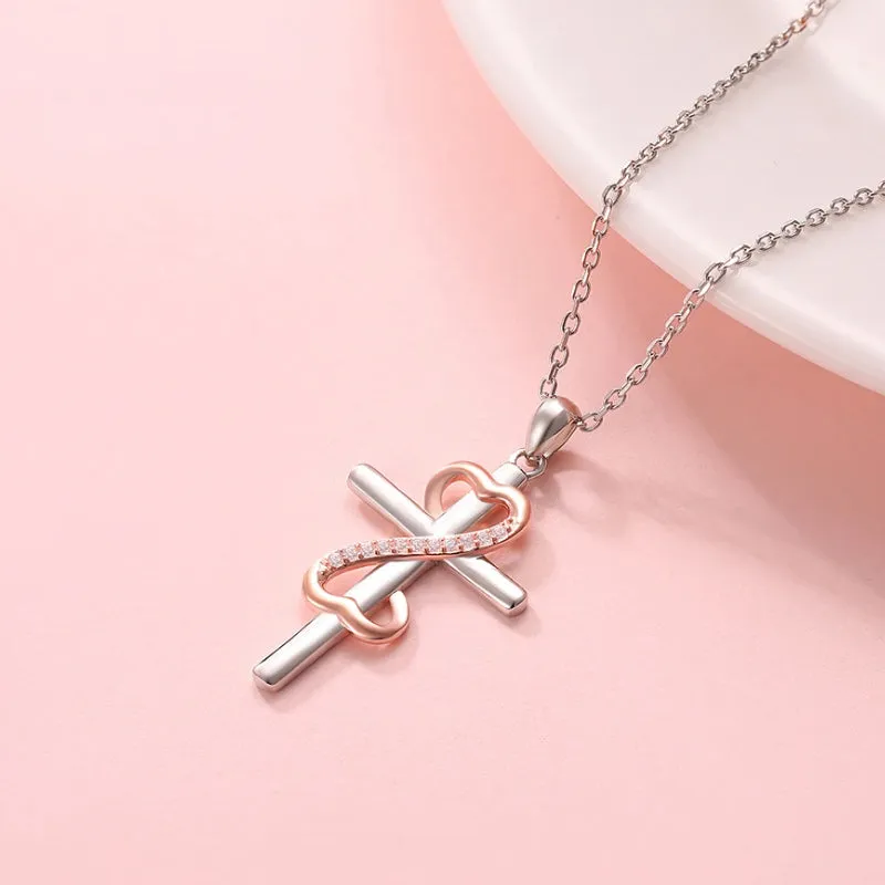 Interlocked Silver Cross and Rose Gold Infinity Symbol Pendant Necklace