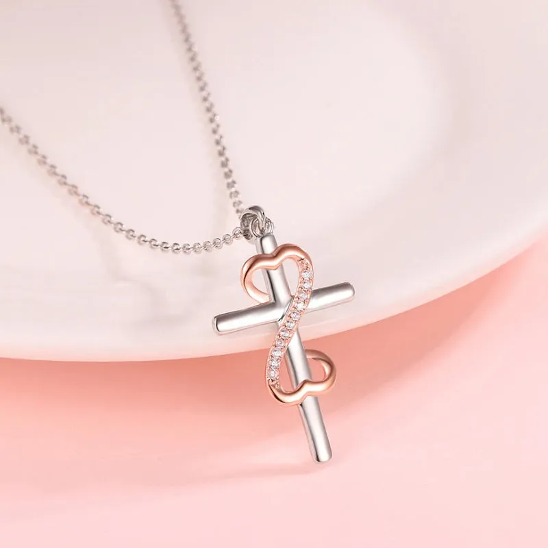 Interlocked Silver Cross and Rose Gold Infinity Symbol Pendant Necklace