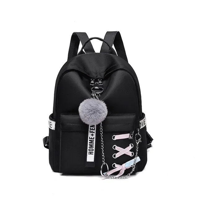 Large Capacity Casual Waterproof Shoe Lace, Chain and Hairball Oxford School Bag and Travel Backpack