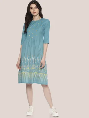 Light Blue Embroidered Dress With Border Print