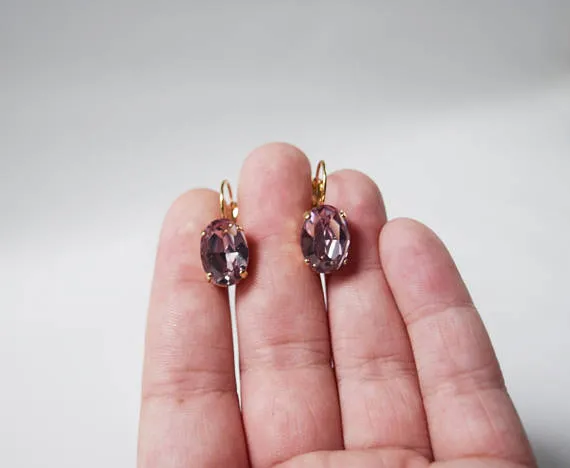 Light Purple Swarovski Crystal Earrings - Medium Oval