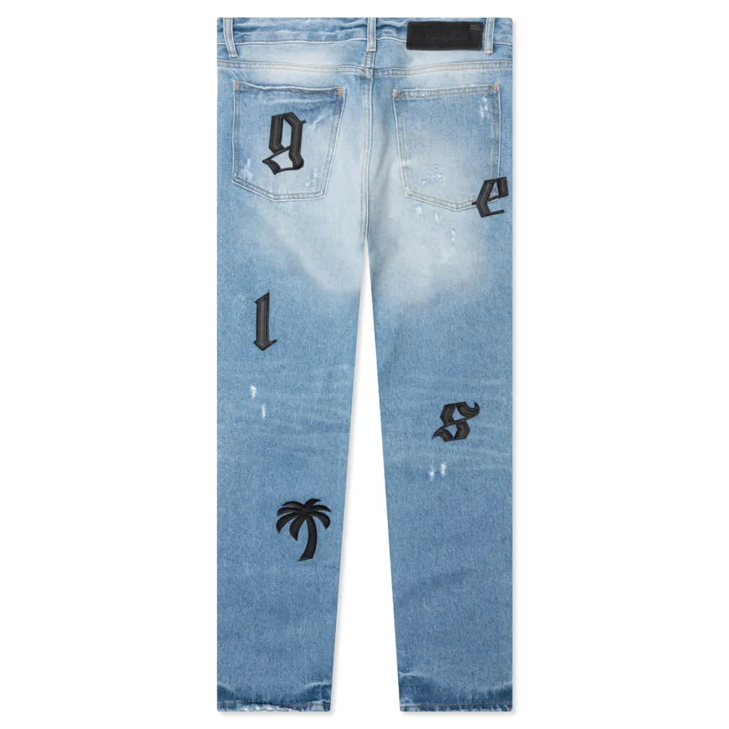 Light Wash Logo Patch Reg 5 Pockets Pant- Light Blue