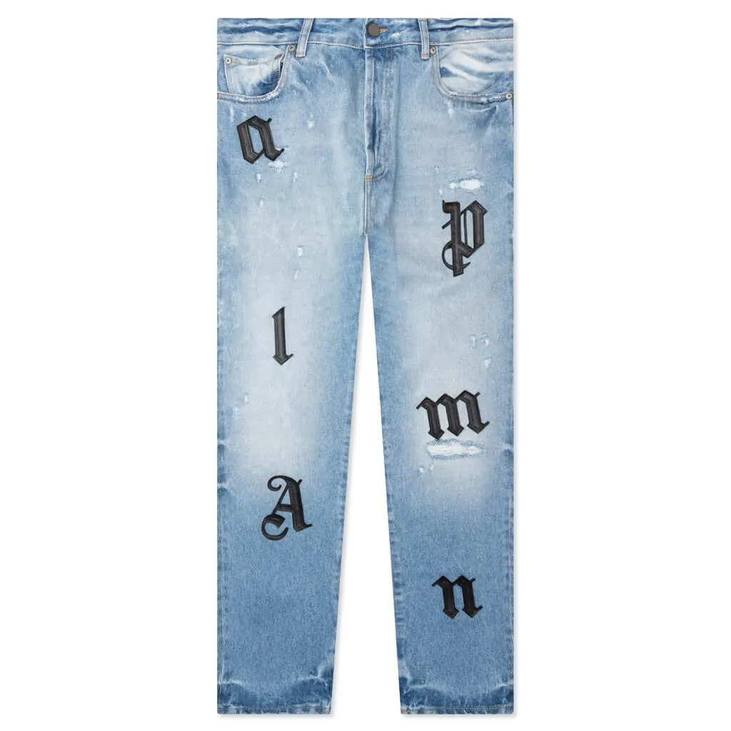 Light Wash Logo Patch Reg 5 Pockets Pant- Light Blue