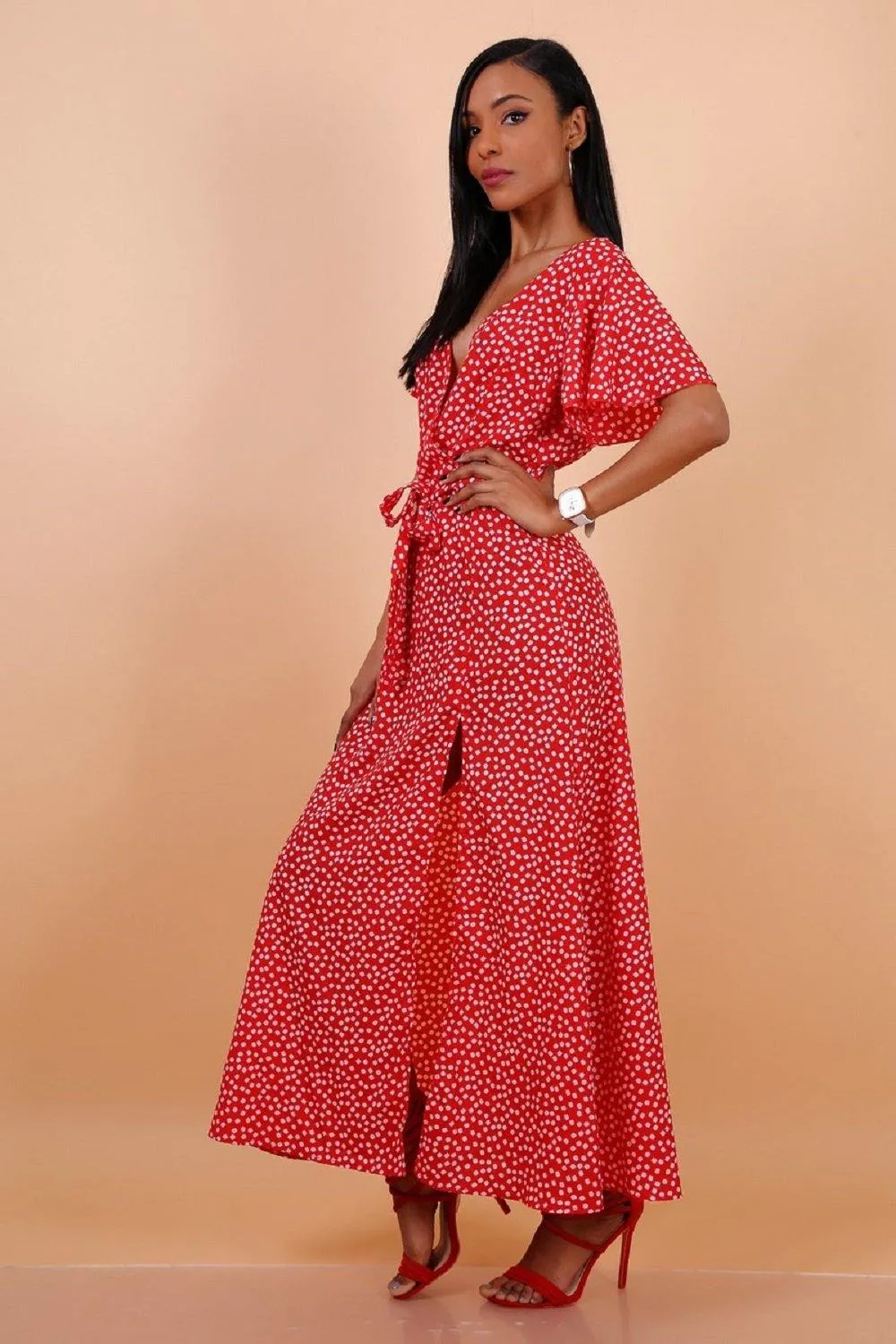 Lilura London Wrap Front Split Leg Maxi Dress  Daisy Dot