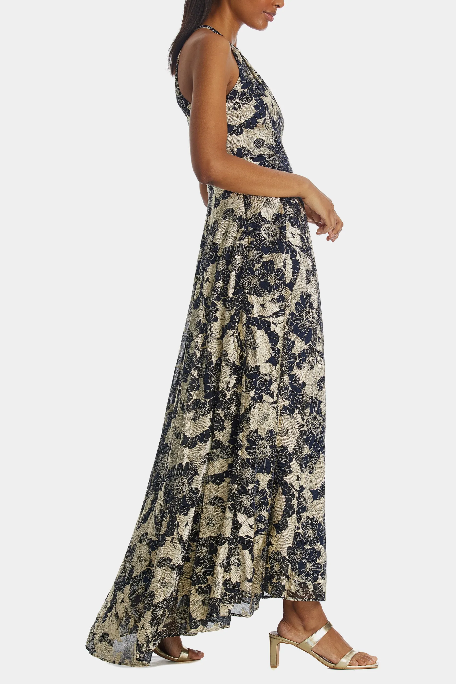 Long Halter Wrap Foil Print Dress