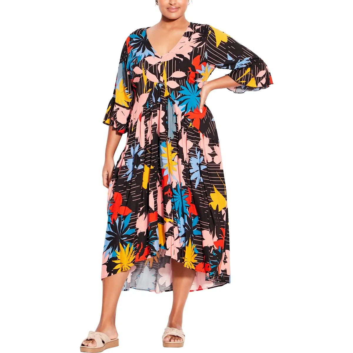 Loralette Womens Plus Valencia Daytime Floral Print Midi Dress