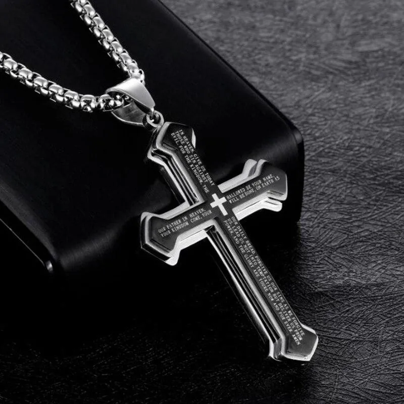 Lord's Prayer Silver Cross Pendant with Black Inlay Necklace