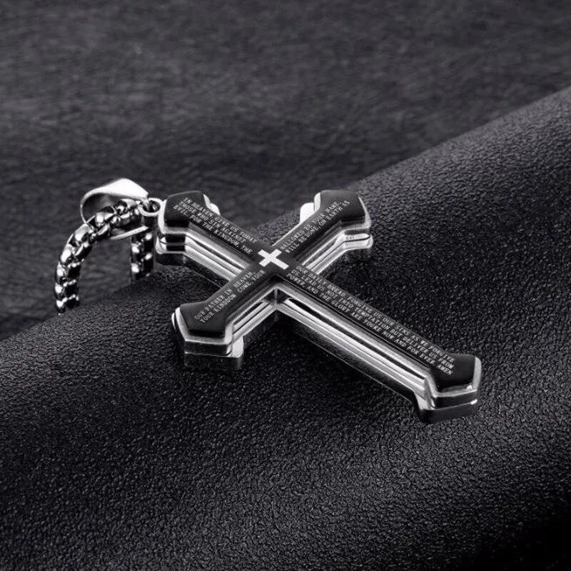 Lord's Prayer Silver Cross Pendant with Black Inlay Necklace