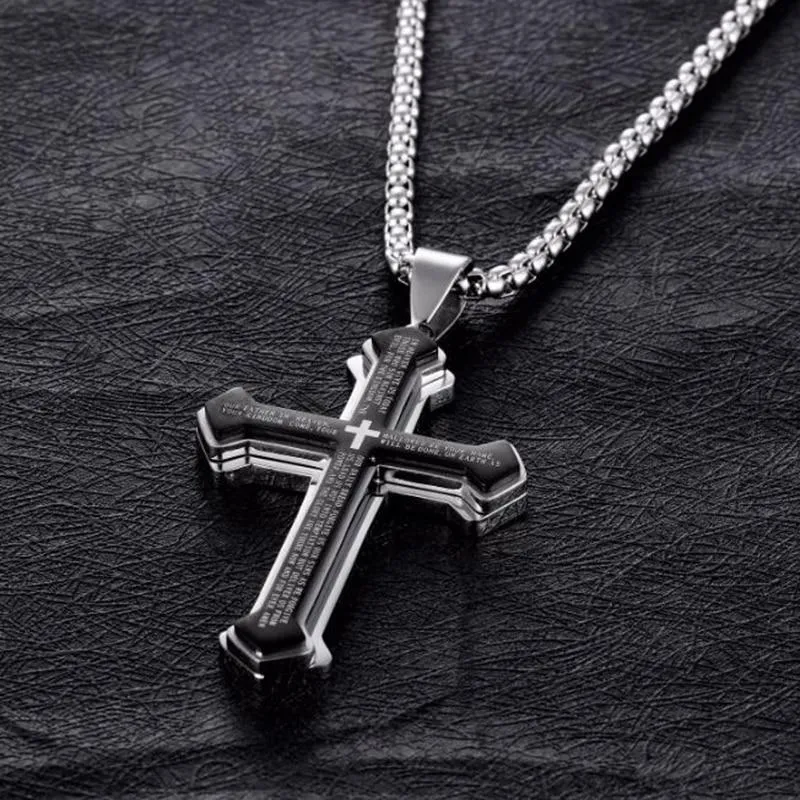 Lord's Prayer Silver Cross Pendant with Black Inlay Necklace