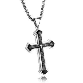 Lord's Prayer Silver Cross Pendant with Black Inlay Necklace