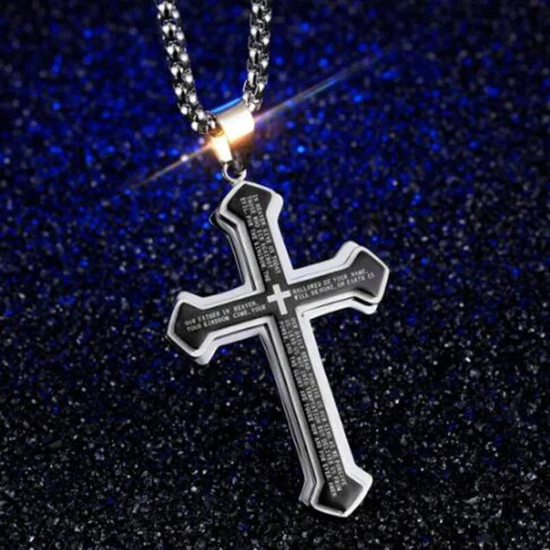 Lord's Prayer Silver Cross Pendant with Black Inlay Necklace