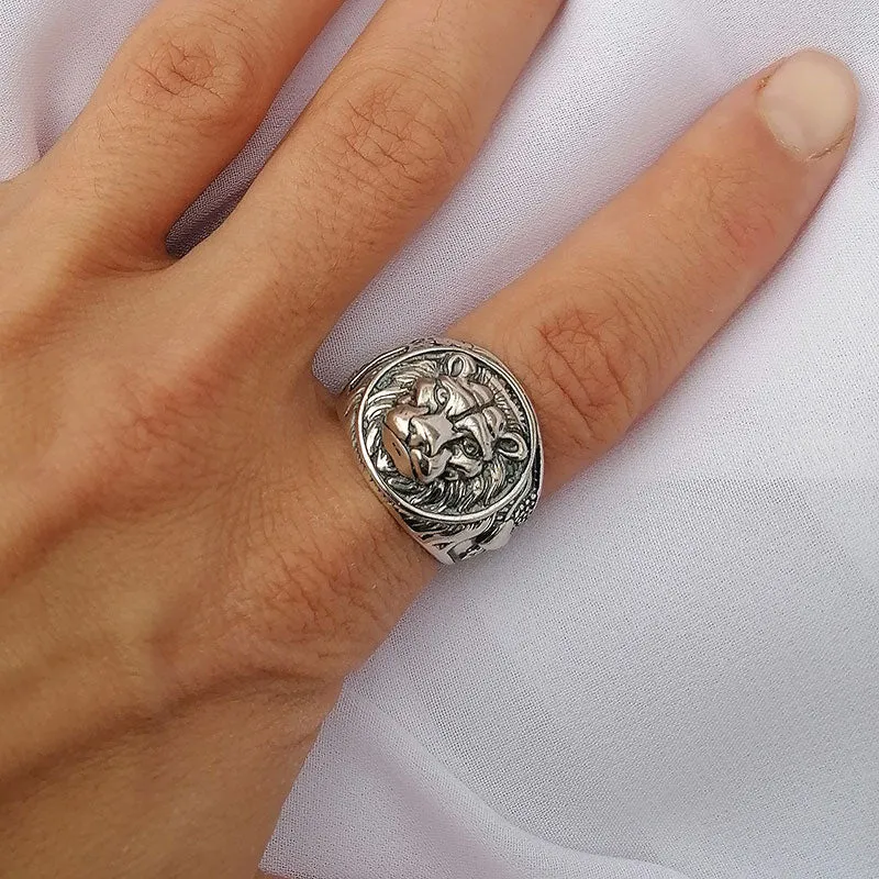 Male Lion 925 Sterling Silver Vintage Steampunk Retro Bike Ring