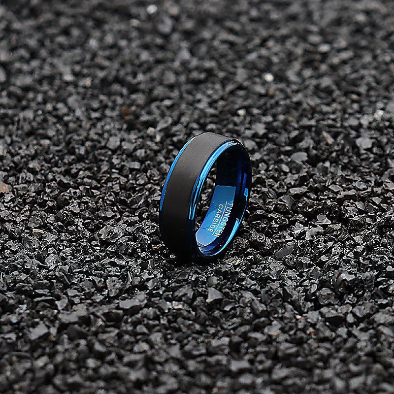 Men 8mm Black Blue Two-tone Tungsten Carbide Wedding Band Ring Matte Finish