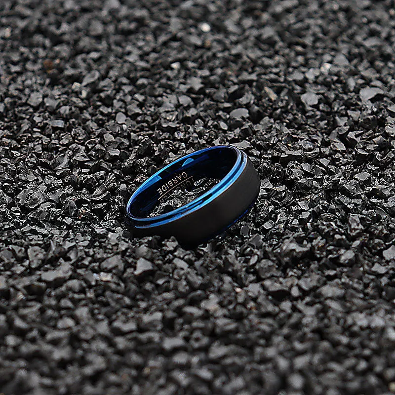 Men 8mm Black Blue Two-tone Tungsten Carbide Wedding Band Ring Matte Finish