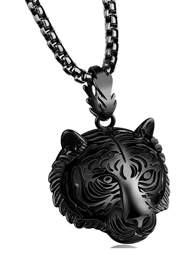 Men Large Biker Tiger Skull Titanium Steel Pendant Necklace