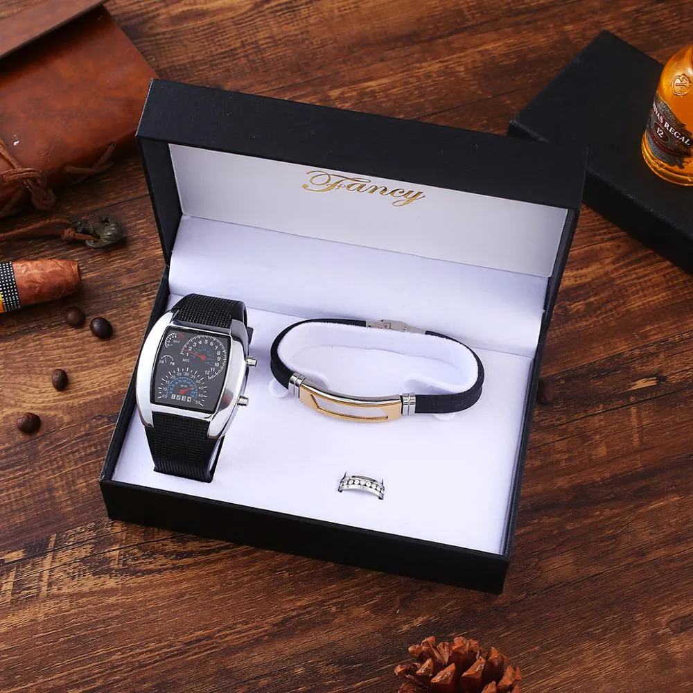 Men Large Dial Electronic Watch, Bracelet, and Ring Gift Box Set