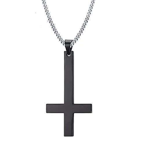 Men Stainless Steel Cross Pendant Necklace, Black, upside down