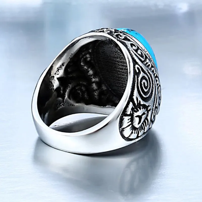 Men Stainless Steel Turquoise Ring Classic Vintage Blue Silver