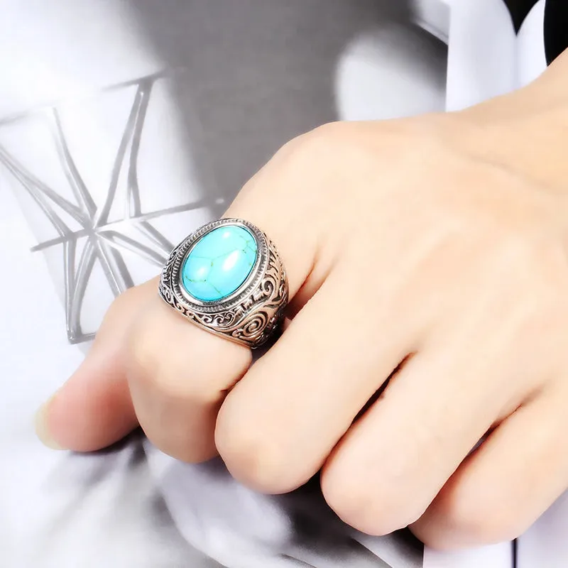 Men Stainless Steel Turquoise Ring Classic Vintage Blue Silver