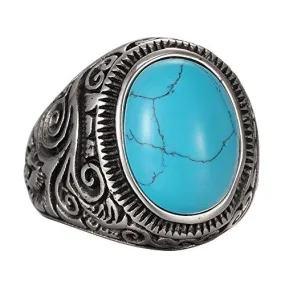 Men Stainless Steel Turquoise Ring Classic Vintage Blue Silver